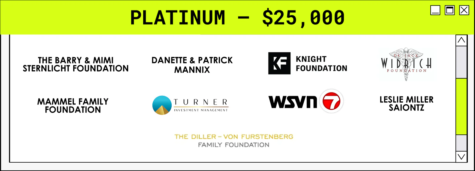 Sponsor tier box featuring multiple sponsor logos, including the Barry & Mimi Sternlicht Foundation, Danette & Patrick Manning, Knight Foundation, MammeI Family Foundation, Turner, WSVN 7, and Leslie Miller Saiontz.